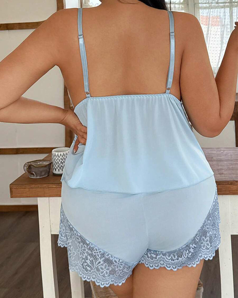 Plus Size Lace Satin Cami Pajama Set – Sexy Two-Piece Sleepwear for Women