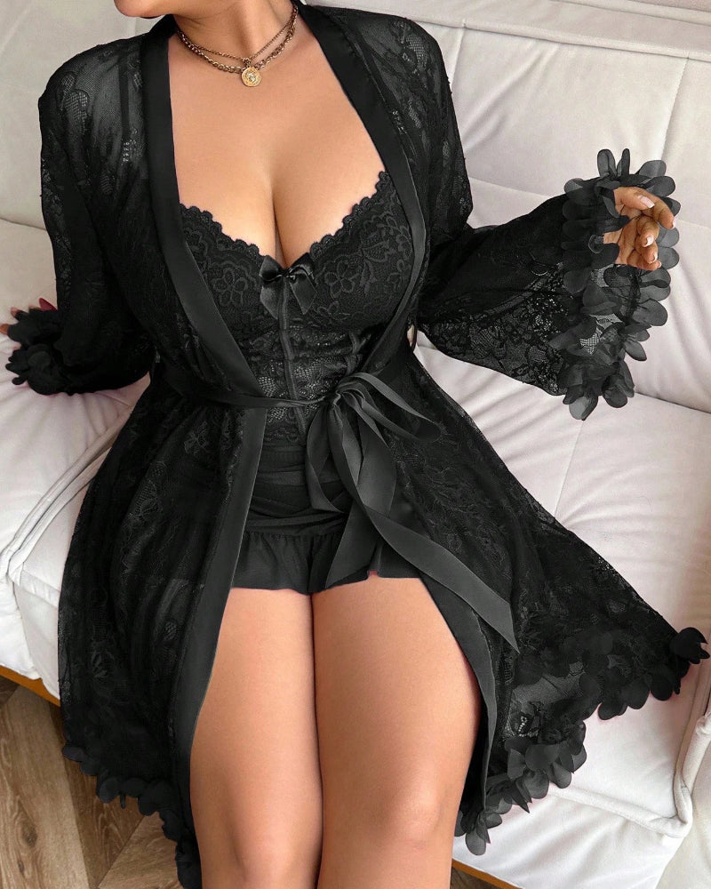 Plus size Lace Cami Nightgown & Floral Lace Trim Wide Sleeve Sheer Robe