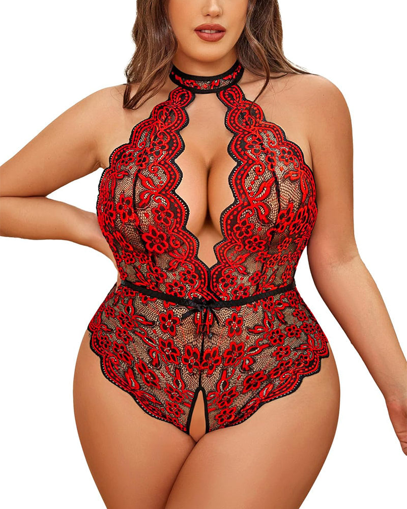 Plus Size Lace Teddy – Halter Crotchless Bodysuit for Curves