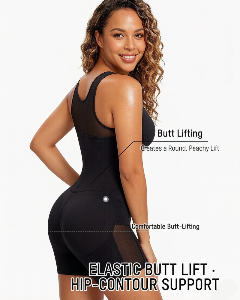 Front-zip body shaper with tummy control and smoothing fit.
