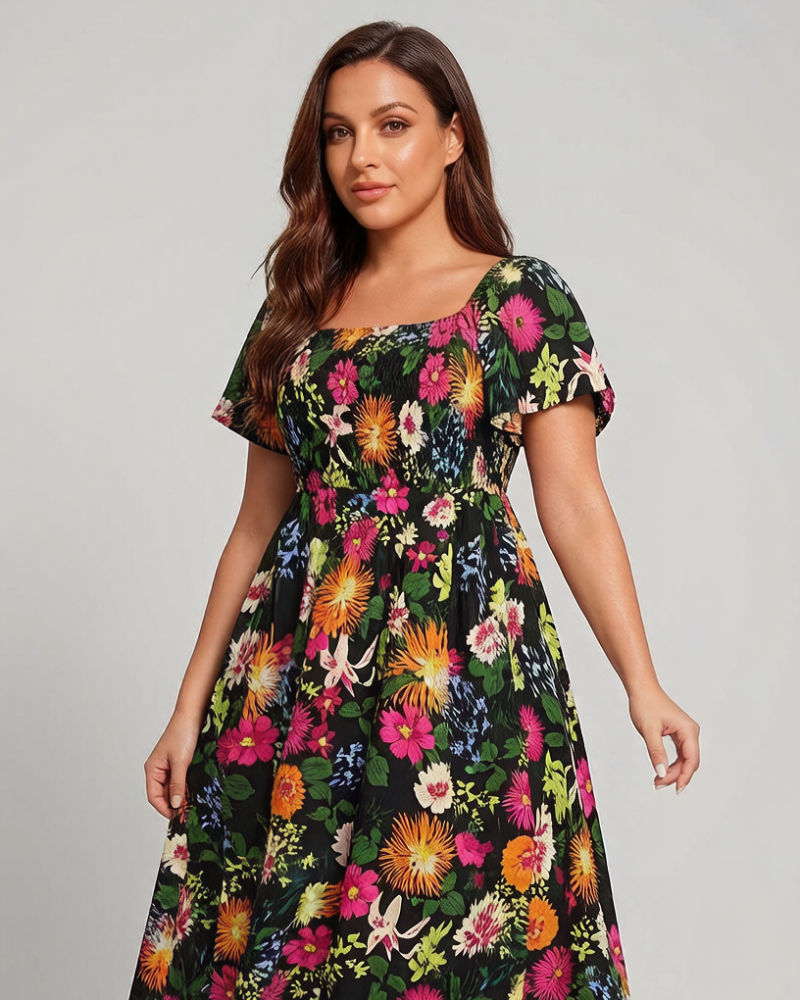 Floral Smocked Square Neck Midi Dress with Pockets