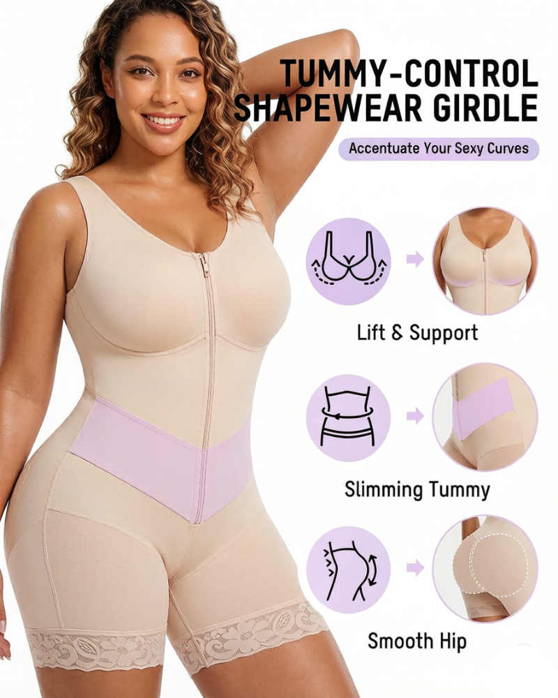 Front-zip body shaper with tummy control and smoothing fit.